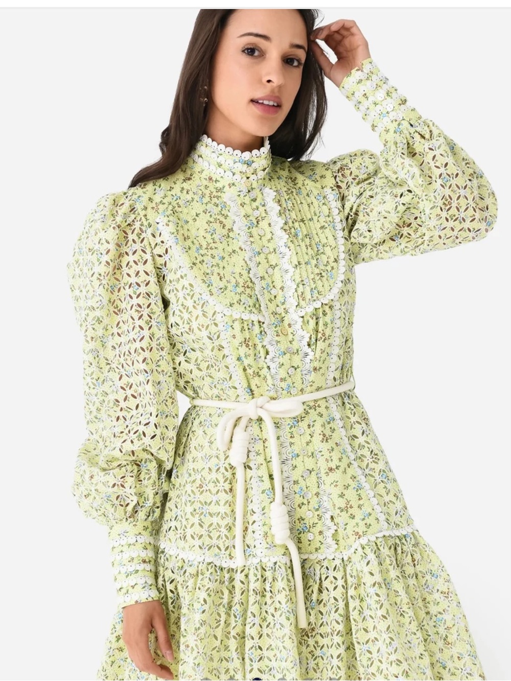 Alemais Maeve Pastel Lime Lace Tiered Long-Sleeve Dress